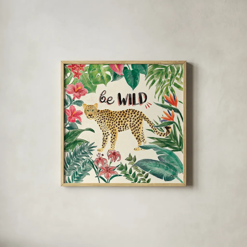 Jungle Vibes III by Janelle Penner. Shown in a natural wood glass frame for a timeless modern aesthetic. Available as an archival giclee rolled canvas, fine art paper, or poster print. SKU 45862a.