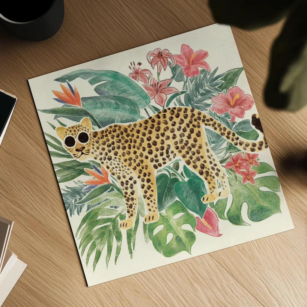 Jungle Vibes Jaguar by Janelle Penner. Shown as a detailed flat fine art print, highlighting archival giclee quality. Available as an archival giclee rolled canvas, fine art paper, or poster print. SKU 55548a.