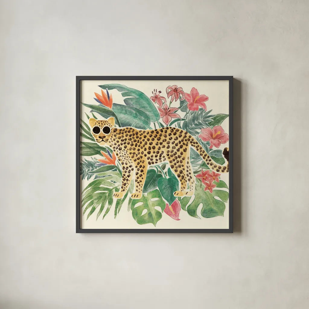 Jungle Vibes Jaguar by Janelle Penner. Shown in a sleek black glass frame for a contemporary gallery look. Available as an archival giclee rolled canvas, fine art paper, or poster print. SKU 55548a.