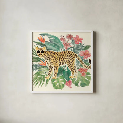 Jungle Vibes Jaguar by Janelle Penner. Shown in a crisp white glass frame for a clean and minimalist style. Available as an archival giclee rolled canvas, fine art paper, or poster print. SKU 55548a.
