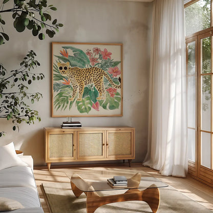 Jungle Vibes Jaguar by Janelle Penner. Shown in a natural wood frame in a cozy modern living room. Available as an archival giclee rolled canvas, fine art paper, or poster print. SKU 55548a.