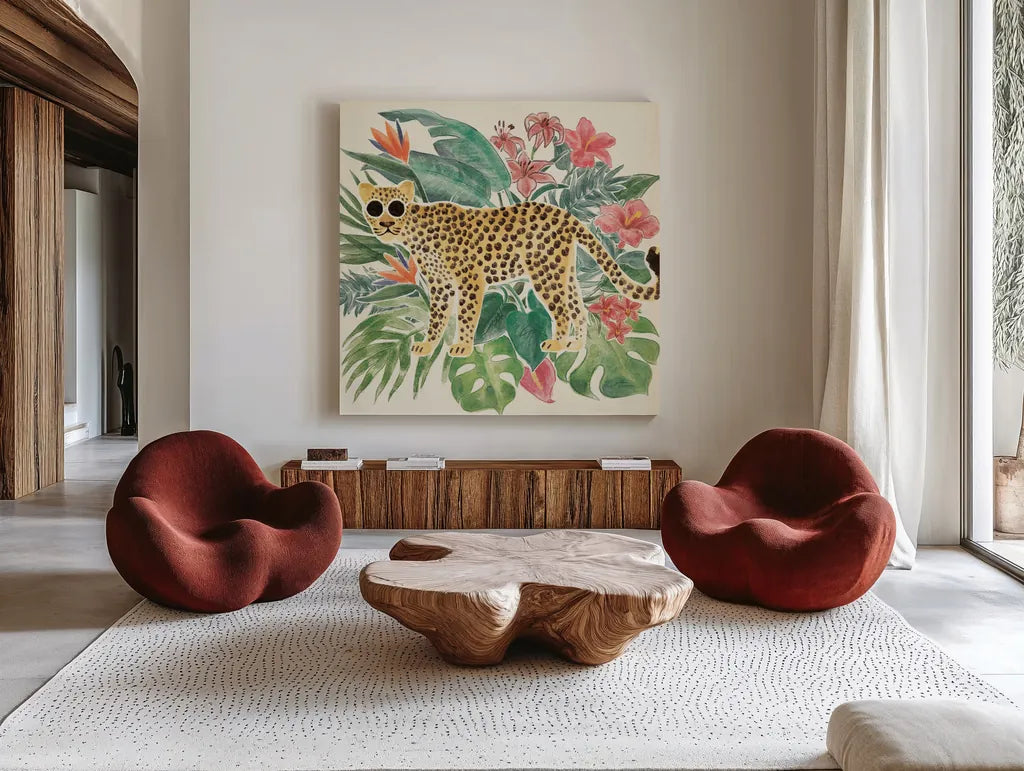 Jungle Vibes Jaguar by Janelle Penner. Shown as extra-large giant wall art in a modern living room. Available as an archival giclee rolled canvas, fine art paper, or poster print. SKU 55548a.