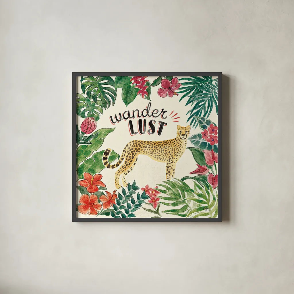 Jungle Vibes V by Janelle Penner. Shown in a sleek black glass frame for a contemporary gallery look. Available as an archival giclee rolled canvas, fine art paper, or poster print. SKU 45864a.