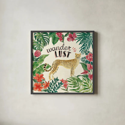 Jungle Vibes V by Janelle Penner. Shown in a sleek black glass frame for a contemporary gallery look. Available as an archival giclee rolled canvas, fine art paper, or poster print. SKU 45864a.