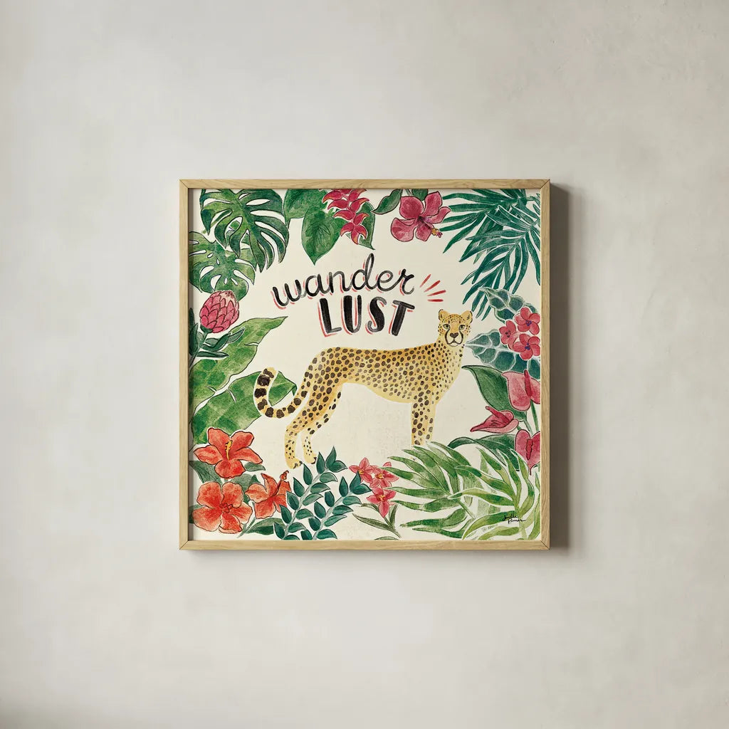 Jungle Vibes V by Janelle Penner. Shown in a natural wood glass frame for a timeless modern aesthetic. Available as an archival giclee rolled canvas, fine art paper, or poster print. SKU 45864a.