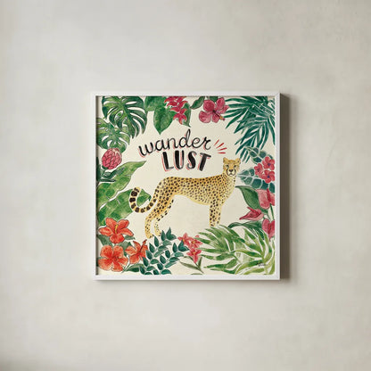 Jungle Vibes V by Janelle Penner. Shown in a crisp white glass frame for a clean and minimalist style. Available as an archival giclee rolled canvas, fine art paper, or poster print. SKU 45864a.