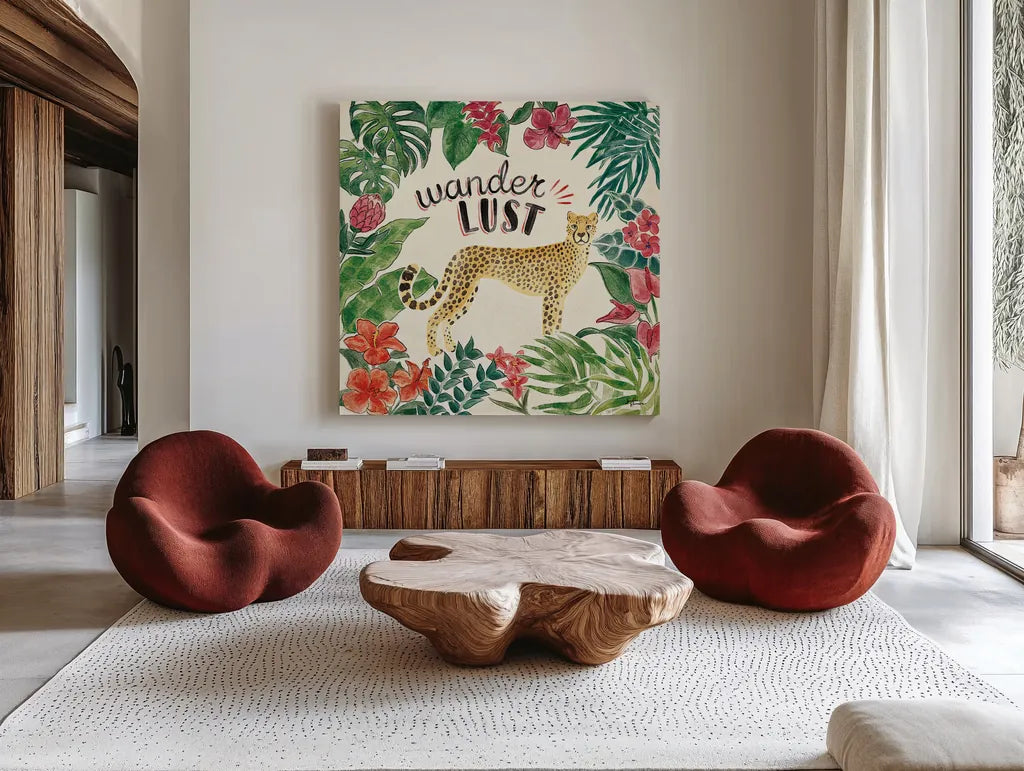 Jungle Vibes V by Janelle Penner. Shown as extra-large giant wall art in a modern living room. Available as an archival giclee rolled canvas, fine art paper, or poster print. SKU 45864a.
