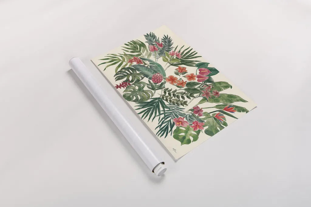 Jungle Vibes VI Leaves by Janelle Penner. shown as a rolled paper print. Available as archival giclee rolled canvas, fine art paper, or poster print. SKU 53201i.