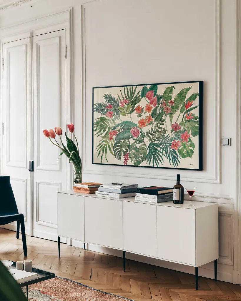 Jungle Vibes VI Leaves by Janelle Penner. shown as a framed stretched canvas in a living room above a console. Available as a archival giclee rolled canvas, fine art paper, or poster print. SKU 53201i.