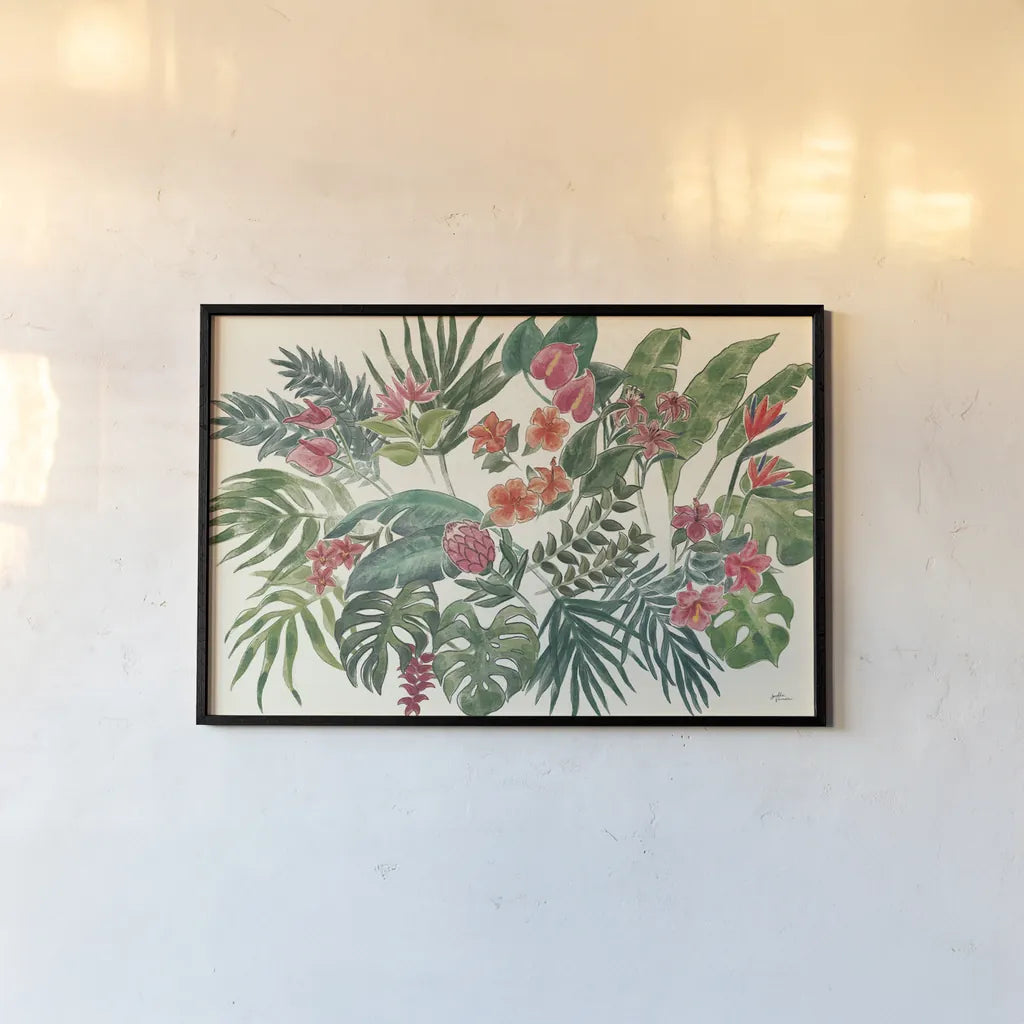 Jungle Vibes VI Leaves by Janelle Penner. shown as a paper print in a black flame. Available as a archival giclee rolled canvas, fine art paper, or poster print. SKU 53201i.