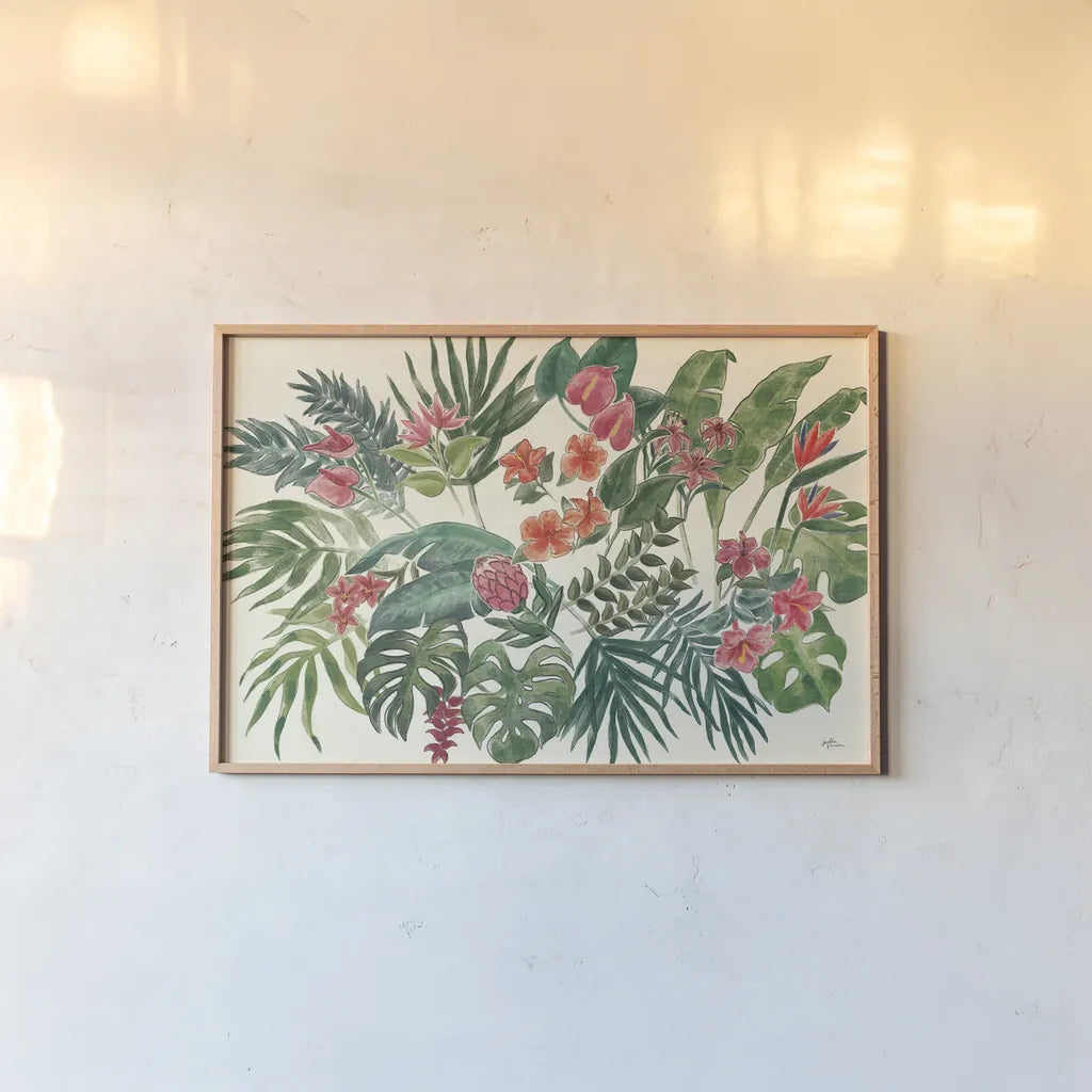 Jungle Vibes VI Leaves by Janelle Penner. shown as a paper print in a natural frame. Available as a archival giclee rolled canvas, fine art paper, or poster print. SKU 53201i.