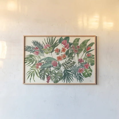 Jungle Vibes VI Leaves by Janelle Penner. shown as a paper print in a natural frame. Available as a archival giclee rolled canvas, fine art paper, or poster print. SKU 53201i.
