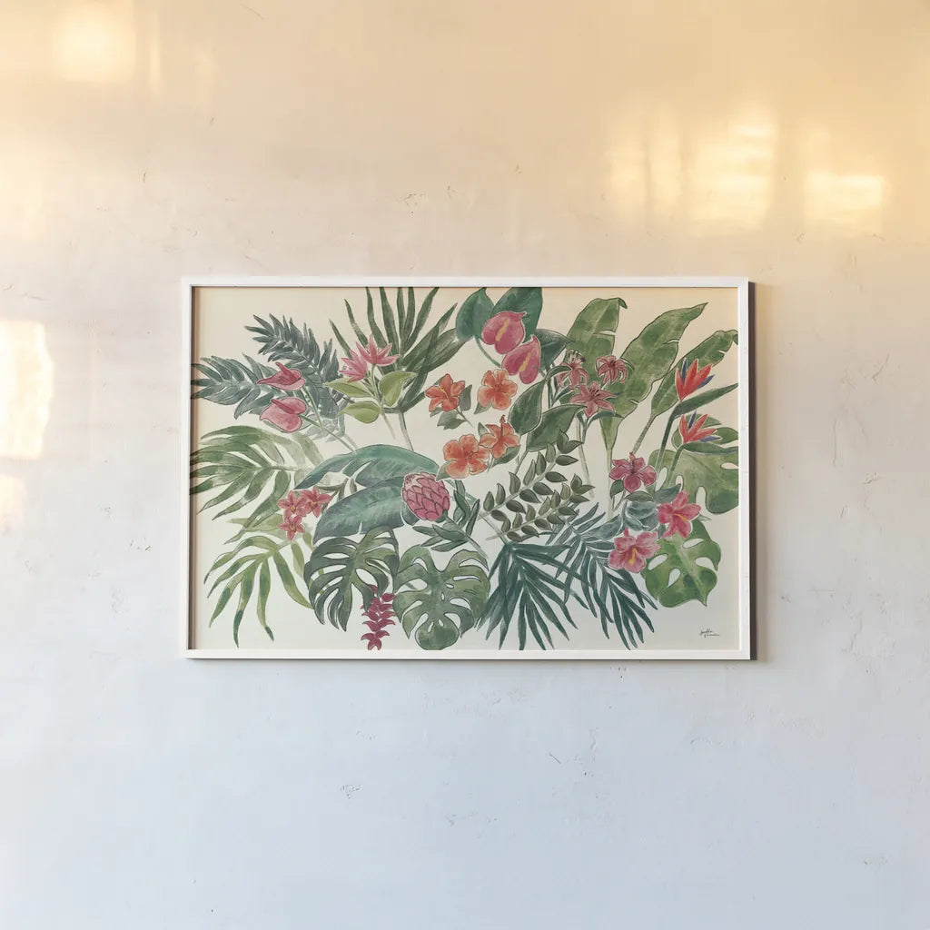 Jungle Vibes VI Leaves by Janelle Penner. shown as a paper print in a white frame. Available as a archival giclee rolled canvas, fine art paper, or poster print. SKU 53201i.