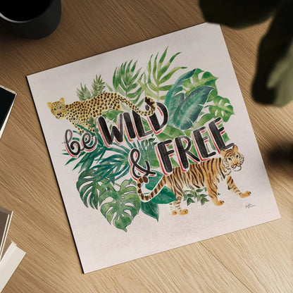 Jungle Vibes VII - Be Wild and Free Pink by Janelle Penner. Shown as a detailed flat fine art print, highlighting archival giclee quality. Available as an archival giclee rolled canvas, fine art paper, or poster print. SKU 47198a.