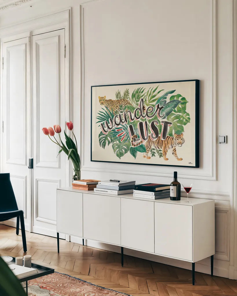 Jungle Vibes VII by Janelle Penner. shown as a framed stretched canvas in a living room above a console. Available as a archival giclee rolled canvas, fine art paper, or poster print. SKU 45866i.