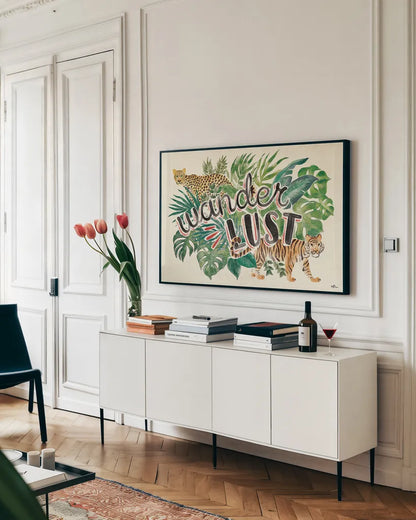 Jungle Vibes VII by Janelle Penner. shown as a framed stretched canvas in a living room above a console. Available as a archival giclee rolled canvas, fine art paper, or poster print. SKU 45866i.