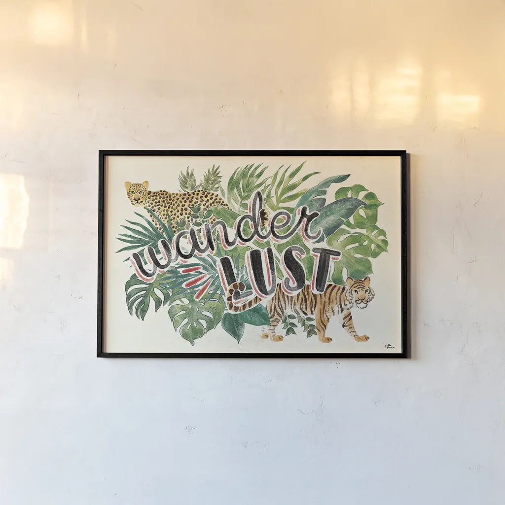 Jungle Vibes VII by Janelle Penner. shown as a paper print in a black flame. Available as a archival giclee rolled canvas, fine art paper, or poster print. SKU 45866i.