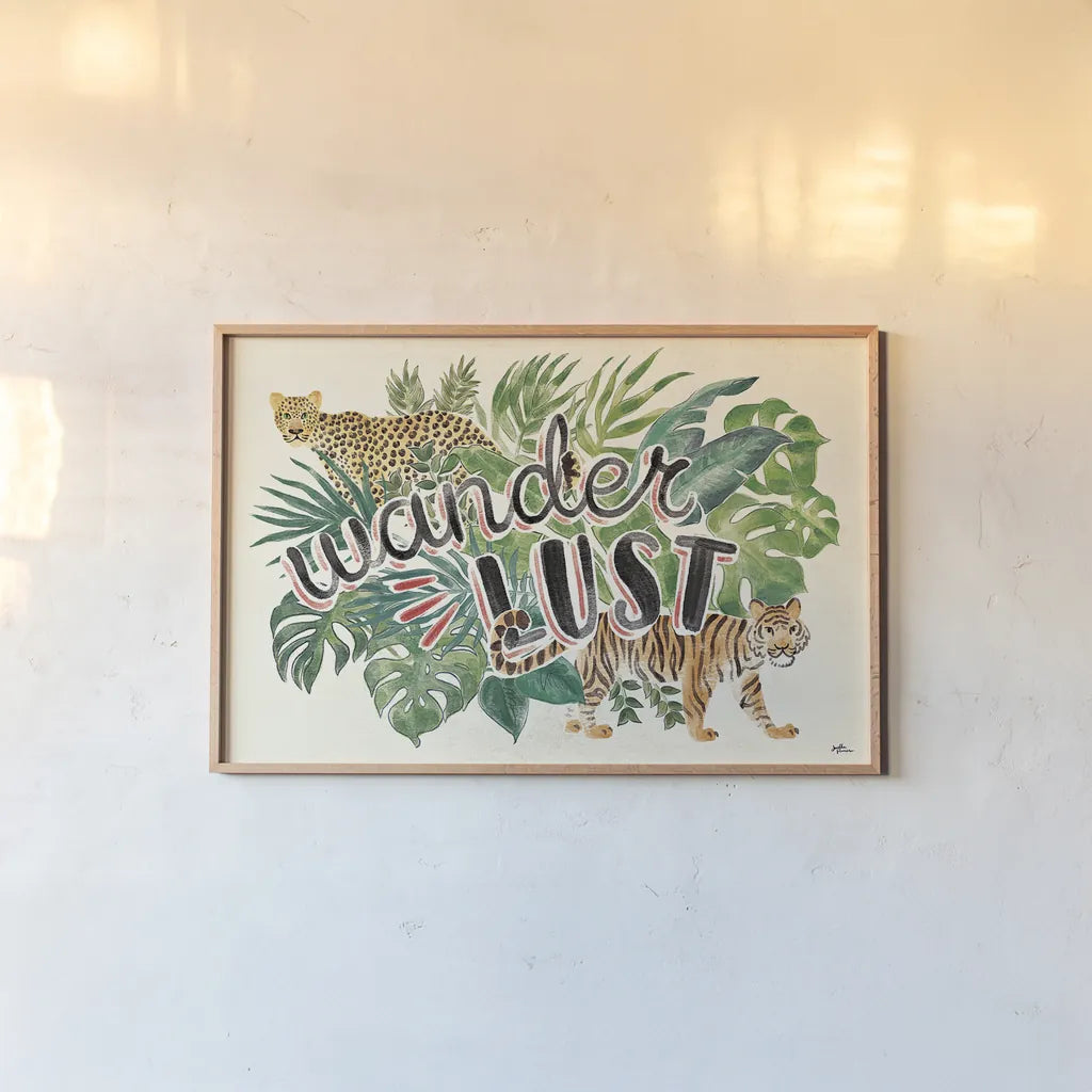 Jungle Vibes VII by Janelle Penner. shown as a paper print in a natural frame. Available as a archival giclee rolled canvas, fine art paper, or poster print. SKU 45866i.