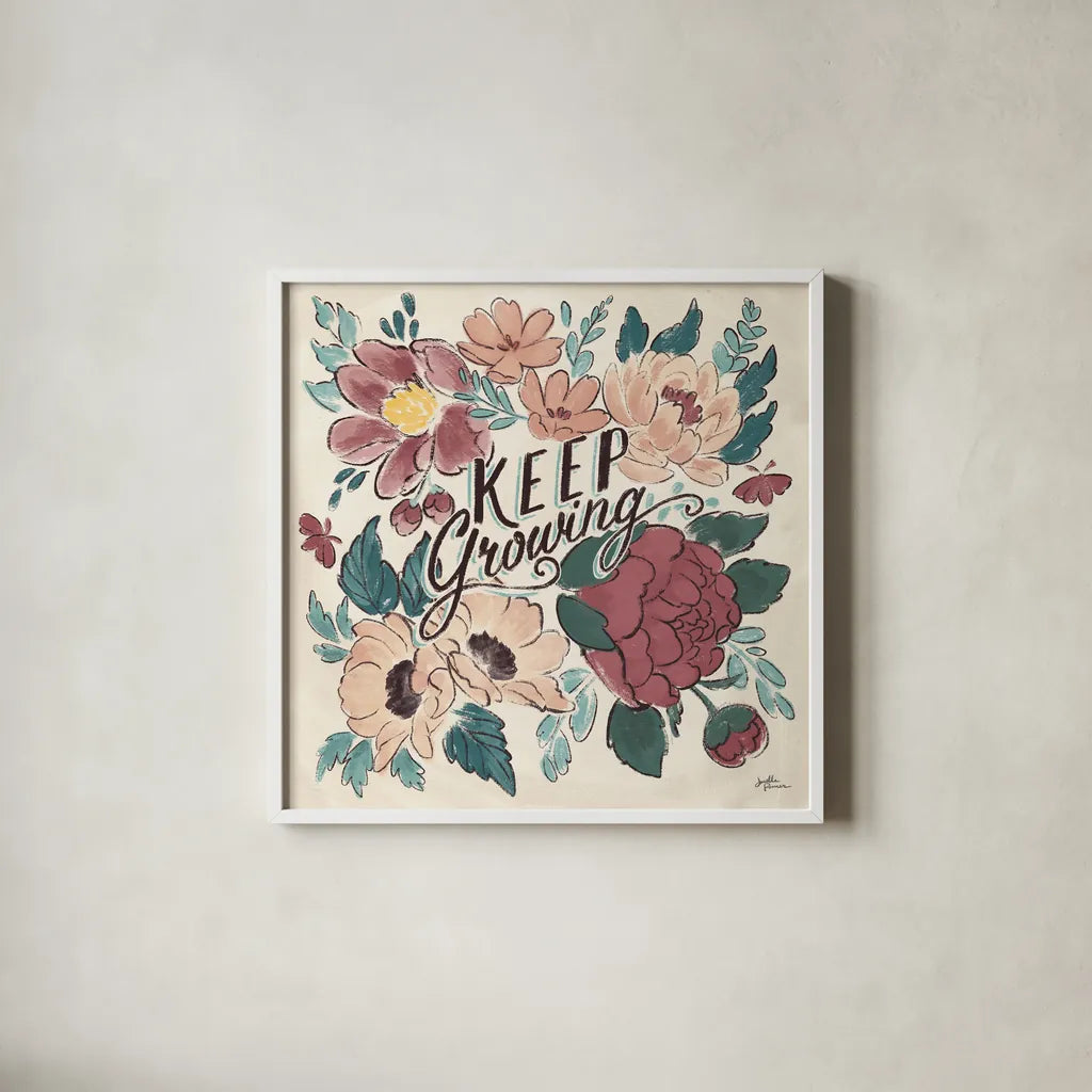 Keep Growing I by Janelle Penner. Shown in a crisp white glass frame for a clean and minimalist style. Available as an archival giclee rolled canvas, fine art paper, or poster print. SKU 74882a.