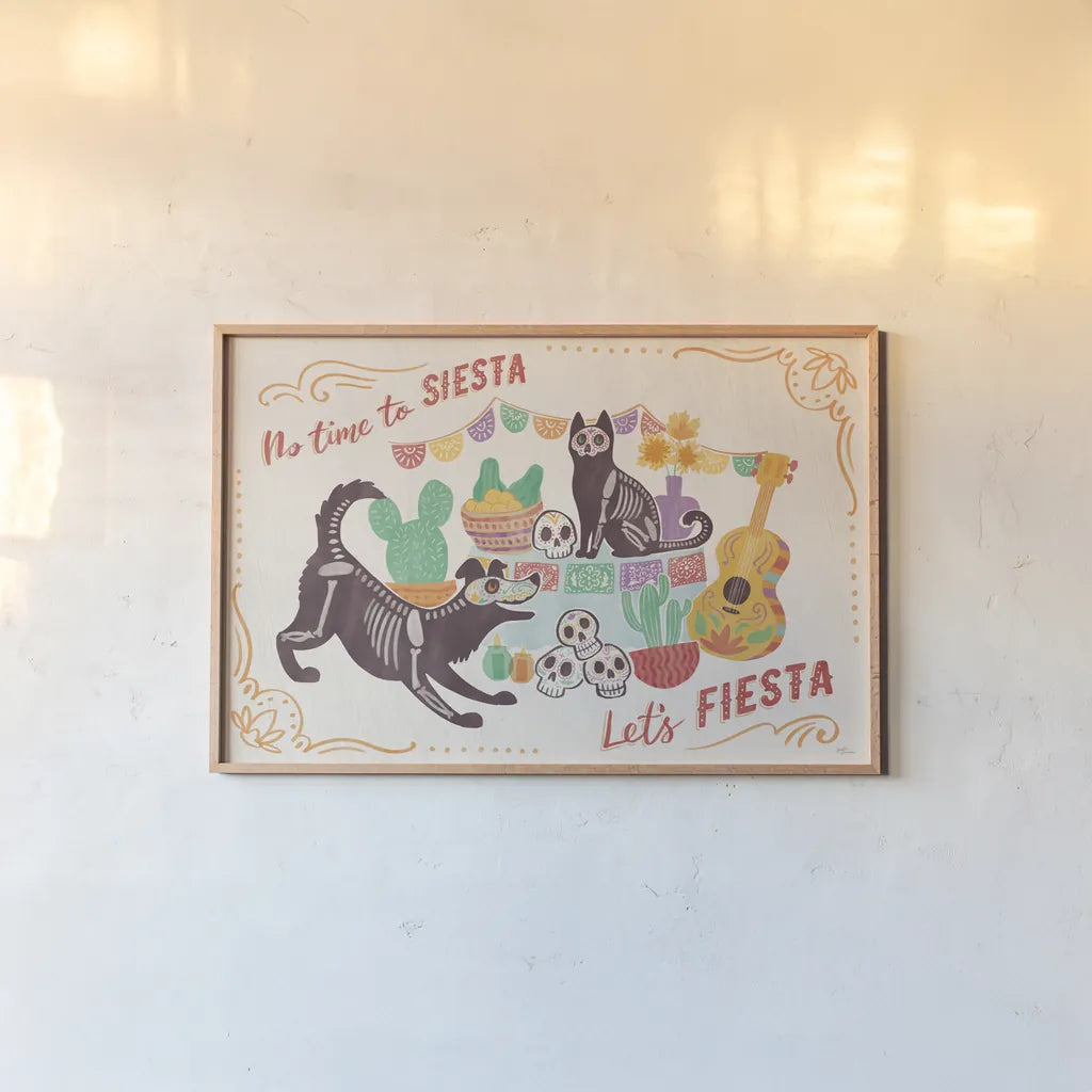 La Calaca I by Janelle Penner. shown as a paper print in a natural frame. Available as a archival giclee rolled canvas, fine art paper, or poster print. SKU 75213i.