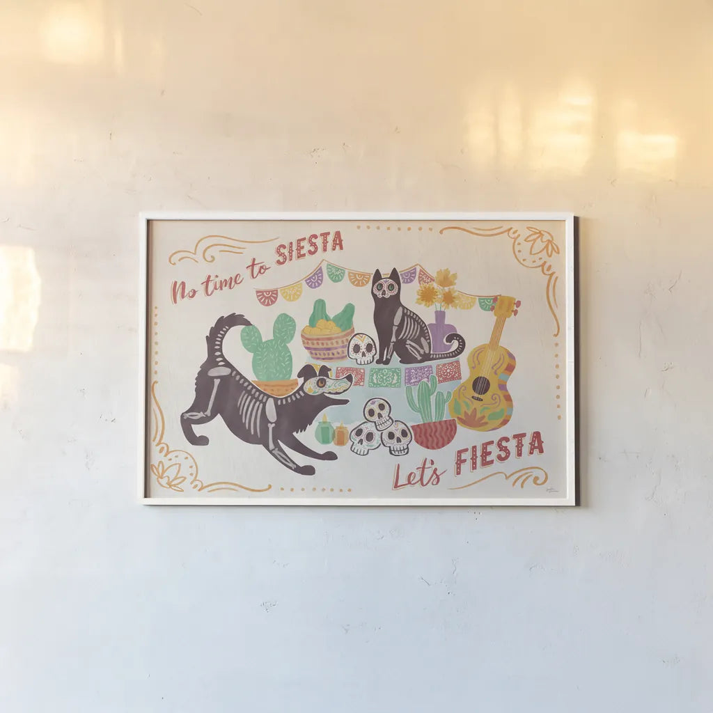 La Calaca I by Janelle Penner. shown as a paper print in a white frame. Available as a archival giclee rolled canvas, fine art paper, or poster print. SKU 75213i.