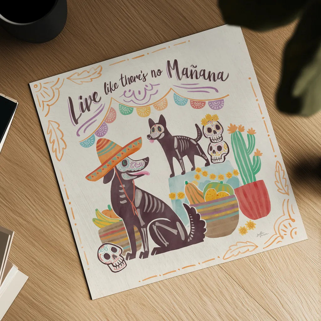 La Calaca II by Janelle Penner. Shown as a detailed flat fine art print, highlighting archival giclee quality. Available as an archival giclee rolled canvas, fine art paper, or poster print. SKU 75214a.