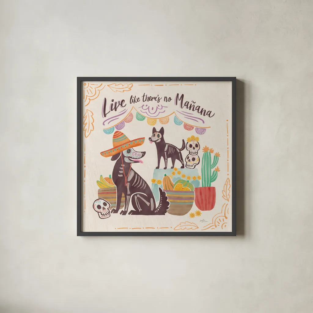 La Calaca II by Janelle Penner. Shown in a sleek black glass frame for a contemporary gallery look. Available as an archival giclee rolled canvas, fine art paper, or poster print. SKU 75214a.