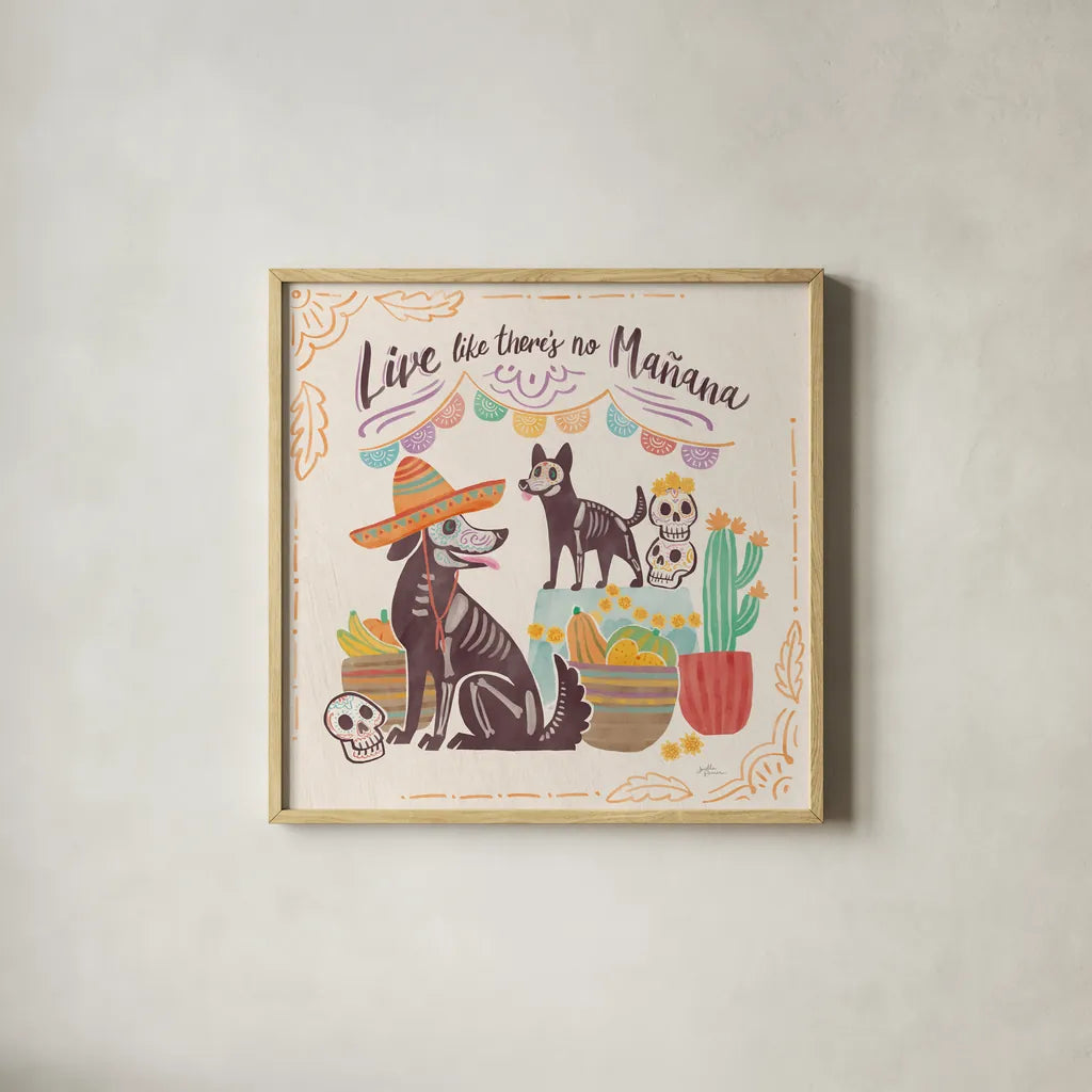 La Calaca II by Janelle Penner. Shown in a natural wood glass frame for a timeless modern aesthetic. Available as an archival giclee rolled canvas, fine art paper, or poster print. SKU 75214a.