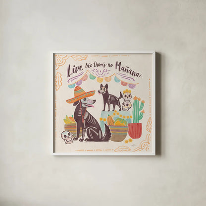 La Calaca II by Janelle Penner. Shown in a crisp white glass frame for a clean and minimalist style. Available as an archival giclee rolled canvas, fine art paper, or poster print. SKU 75214a.