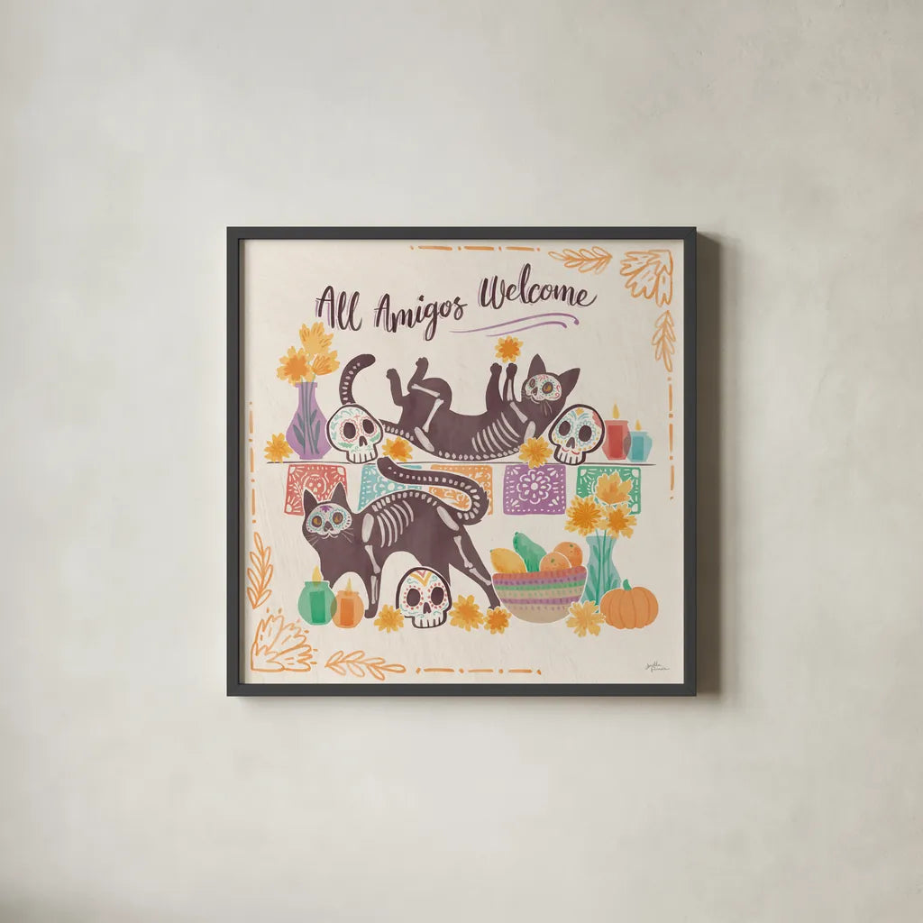 La Calaca III by Janelle Penner. Shown in a sleek black glass frame for a contemporary gallery look. Available as an archival giclee rolled canvas, fine art paper, or poster print. SKU 75215a.