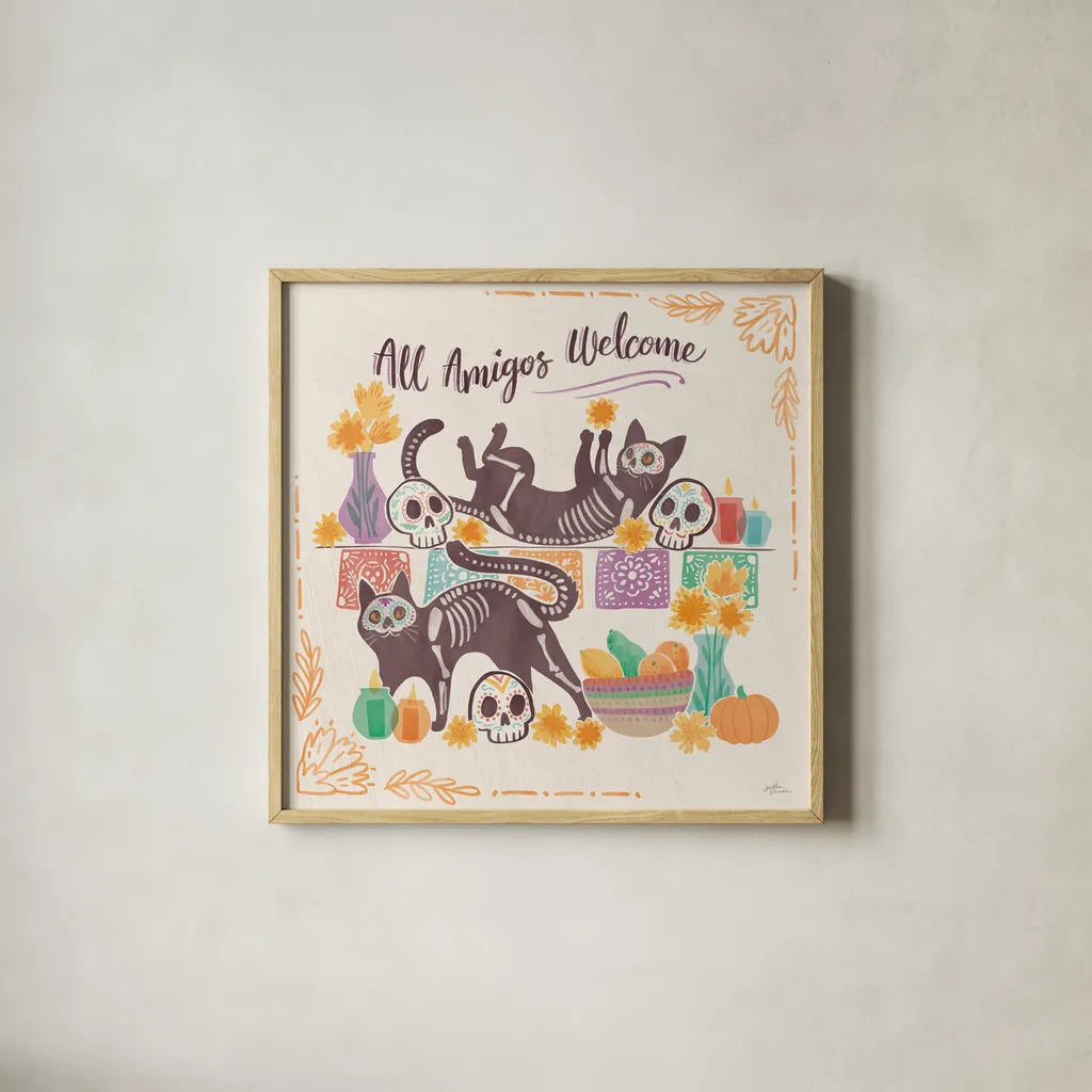 La Calaca III by Janelle Penner. Shown in a natural wood glass frame for a timeless modern aesthetic. Available as an archival giclee rolled canvas, fine art paper, or poster print. SKU 75215a.