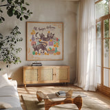 La Calaca III by Janelle Penner. Shown in a natural wood frame in a cozy modern living room. Available as an archival giclee rolled canvas, fine art paper, or poster print. SKU 75215a.