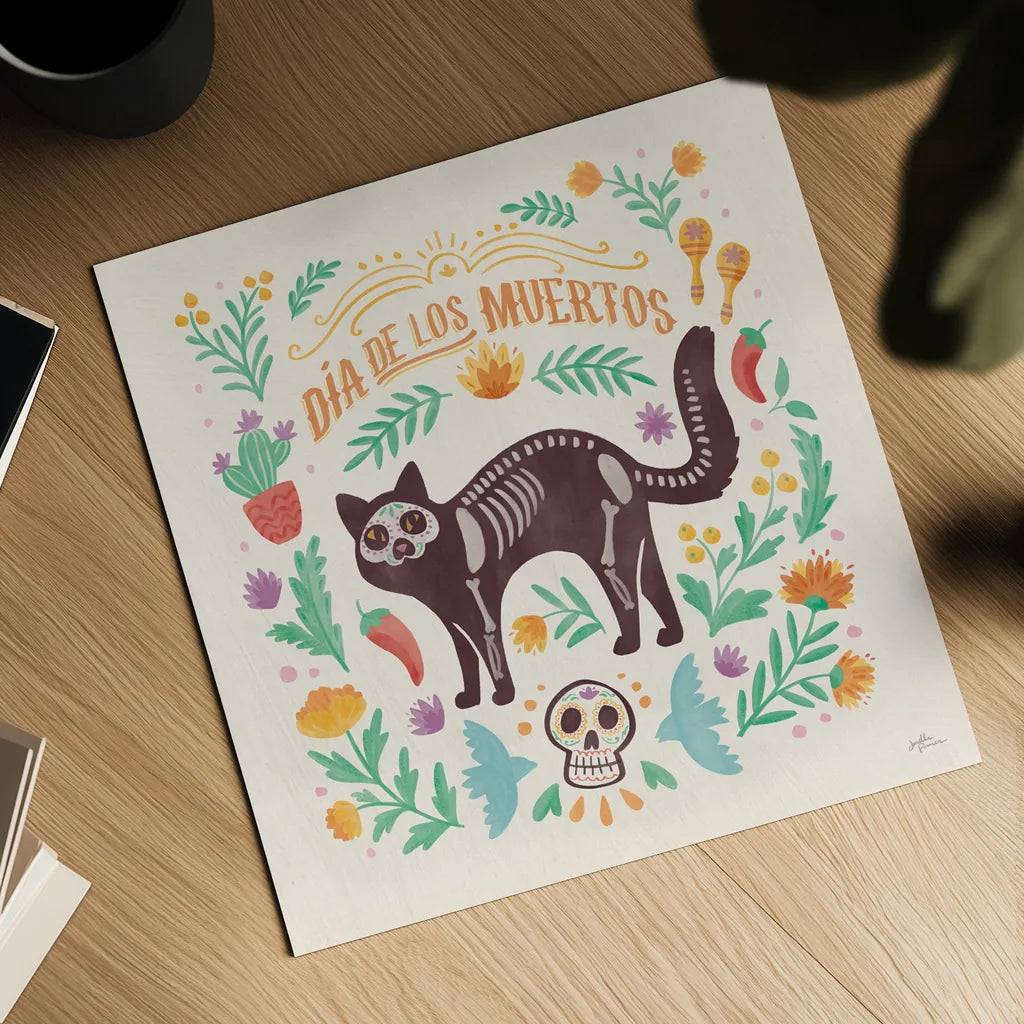 La Calaca IV by Janelle Penner. Shown as a detailed flat fine art print, highlighting archival giclee quality. Available as an archival giclee rolled canvas, fine art paper, or poster print. SKU 75216a.