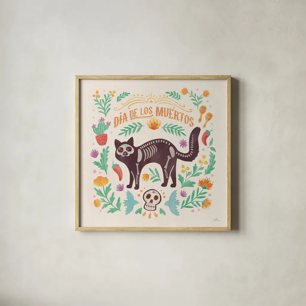 La Calaca IV by Janelle Penner. Shown in a natural wood glass frame for a timeless modern aesthetic. Available as an archival giclee rolled canvas, fine art paper, or poster print. SKU 75216a.