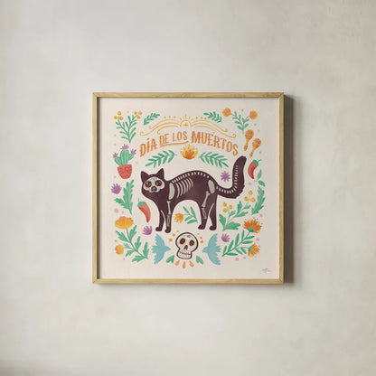 La Calaca IV by Janelle Penner. Shown in a natural wood glass frame for a timeless modern aesthetic. Available as an archival giclee rolled canvas, fine art paper, or poster print. SKU 75216a.