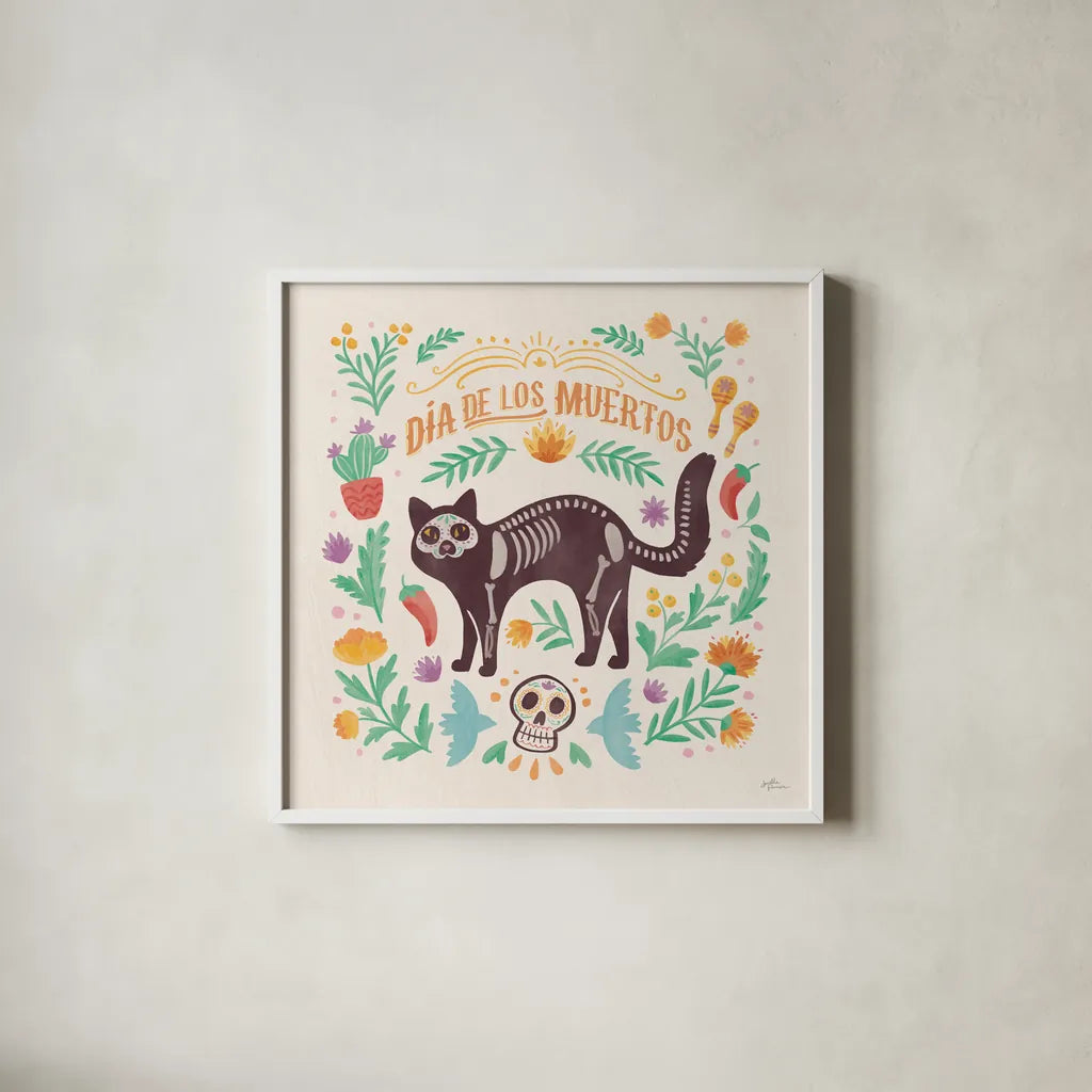 La Calaca IV by Janelle Penner. Shown in a crisp white glass frame for a clean and minimalist style. Available as an archival giclee rolled canvas, fine art paper, or poster print. SKU 75216a.