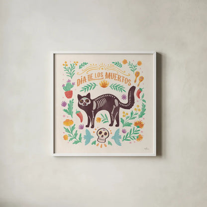 La Calaca IV by Janelle Penner. Shown in a crisp white glass frame for a clean and minimalist style. Available as an archival giclee rolled canvas, fine art paper, or poster print. SKU 75216a.