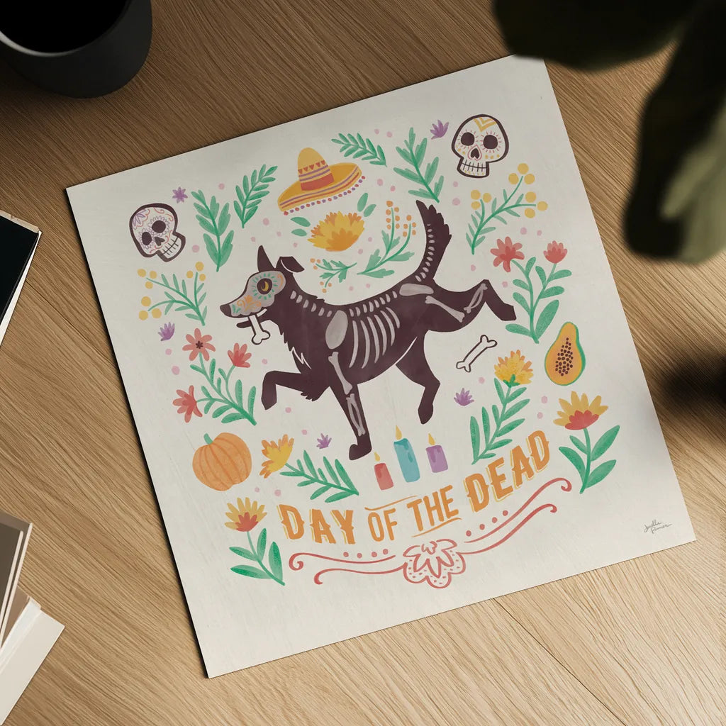 La Calaca V by Janelle Penner. Shown as a detailed flat fine art print, highlighting archival giclee quality. Available as an archival giclee rolled canvas, fine art paper, or poster print. SKU 75217a.