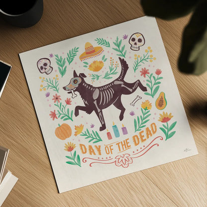 La Calaca V by Janelle Penner. Shown as a detailed flat fine art print, highlighting archival giclee quality. Available as an archival giclee rolled canvas, fine art paper, or poster print. SKU 75217a.