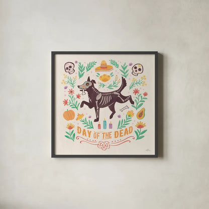 La Calaca V by Janelle Penner. Shown in a sleek black glass frame for a contemporary gallery look. Available as an archival giclee rolled canvas, fine art paper, or poster print. SKU 75217a.