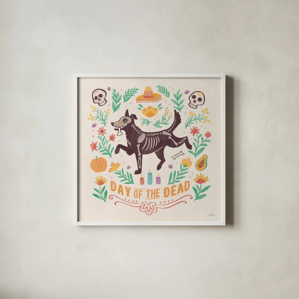 La Calaca V by Janelle Penner. Shown in a crisp white glass frame for a clean and minimalist style. Available as an archival giclee rolled canvas, fine art paper, or poster print. SKU 75217a.