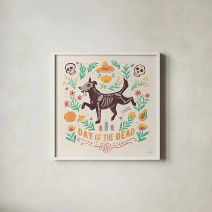 La Calaca V by Janelle Penner. Shown in a crisp white glass frame for a clean and minimalist style. Available as an archival giclee rolled canvas, fine art paper, or poster print. SKU 75217a.