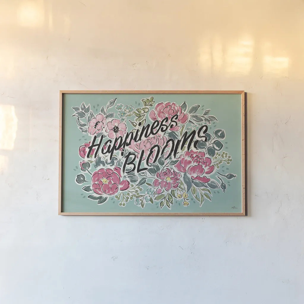 Live in Bloom I Teal by Janelle Penner. shown as a paper print in a natural frame. Available as a archival giclee rolled canvas, fine art paper, or poster print. SKU 45945i.