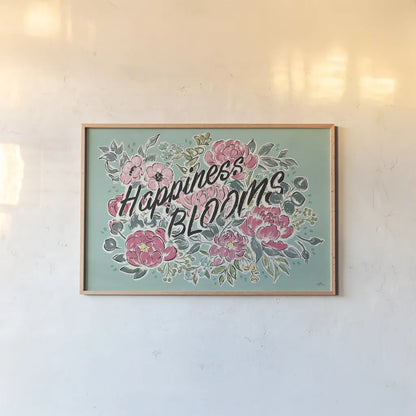 Live in Bloom I Teal by Janelle Penner. shown as a paper print in a natural frame. Available as a archival giclee rolled canvas, fine art paper, or poster print. SKU 45945i.