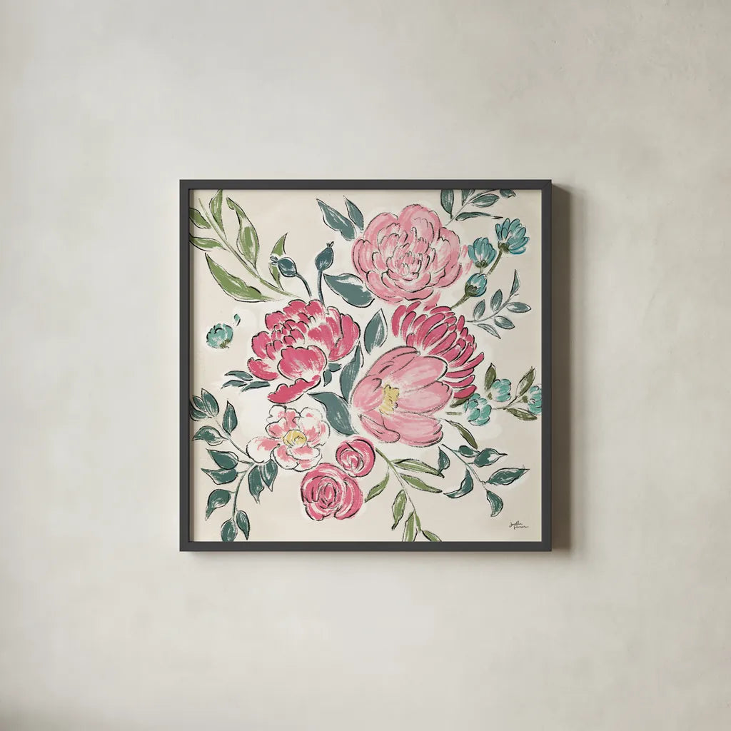 Live in Bloom II - No Words by Janelle Penner. Shown in a sleek black glass frame for a contemporary gallery look. Available as an archival giclee rolled canvas, fine art paper, or poster print. SKU 47200a.