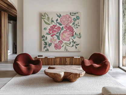 Live in Bloom II - No Words by Janelle Penner. Shown as extra-large giant wall art in a modern living room. Available as an archival giclee rolled canvas, fine art paper, or poster print. SKU 47200a.