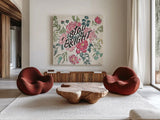 Live in Bloom III by Janelle Penner. Shown as extra-large giant wall art in a modern living room. Available as an archival giclee rolled canvas, fine art paper, or poster print. SKU 45942a.