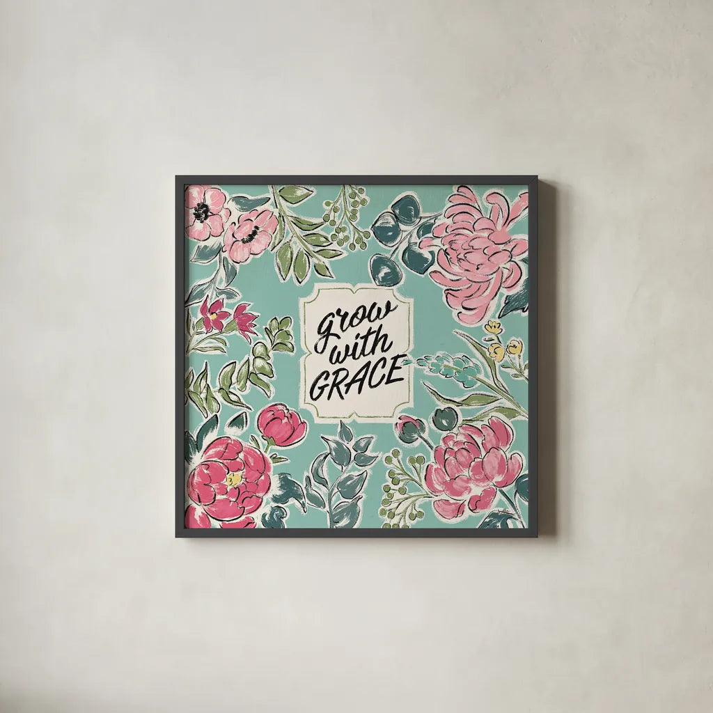 Live in Bloom IV by Janelle Penner. Shown in a sleek black glass frame for a contemporary gallery look. Available as an archival giclee rolled canvas, fine art paper, or poster print. SKU 45943a.