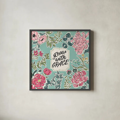 Live in Bloom IV by Janelle Penner. Shown in a sleek black glass frame for a contemporary gallery look. Available as an archival giclee rolled canvas, fine art paper, or poster print. SKU 45943a.