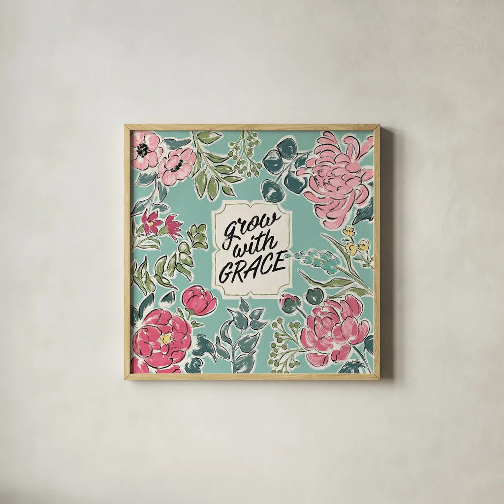 Live in Bloom IV by Janelle Penner. Shown in a natural wood glass frame for a timeless modern aesthetic. Available as an archival giclee rolled canvas, fine art paper, or poster print. SKU 45943a.